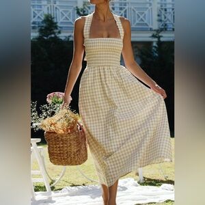 Countryside Plaid Print Halter Criss Cross Long Dress